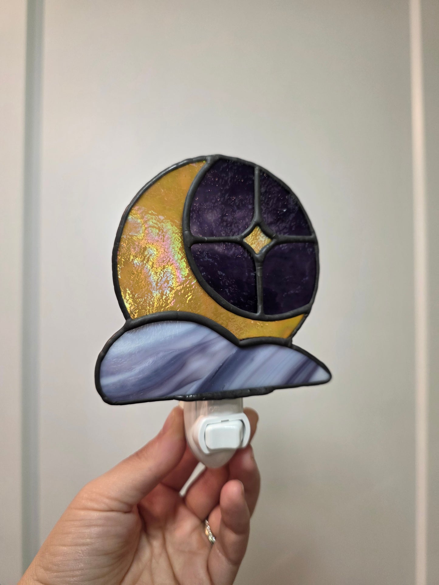 Dark Purple Cloudveil Moon Night Light | Handmade Stained Glass Decor