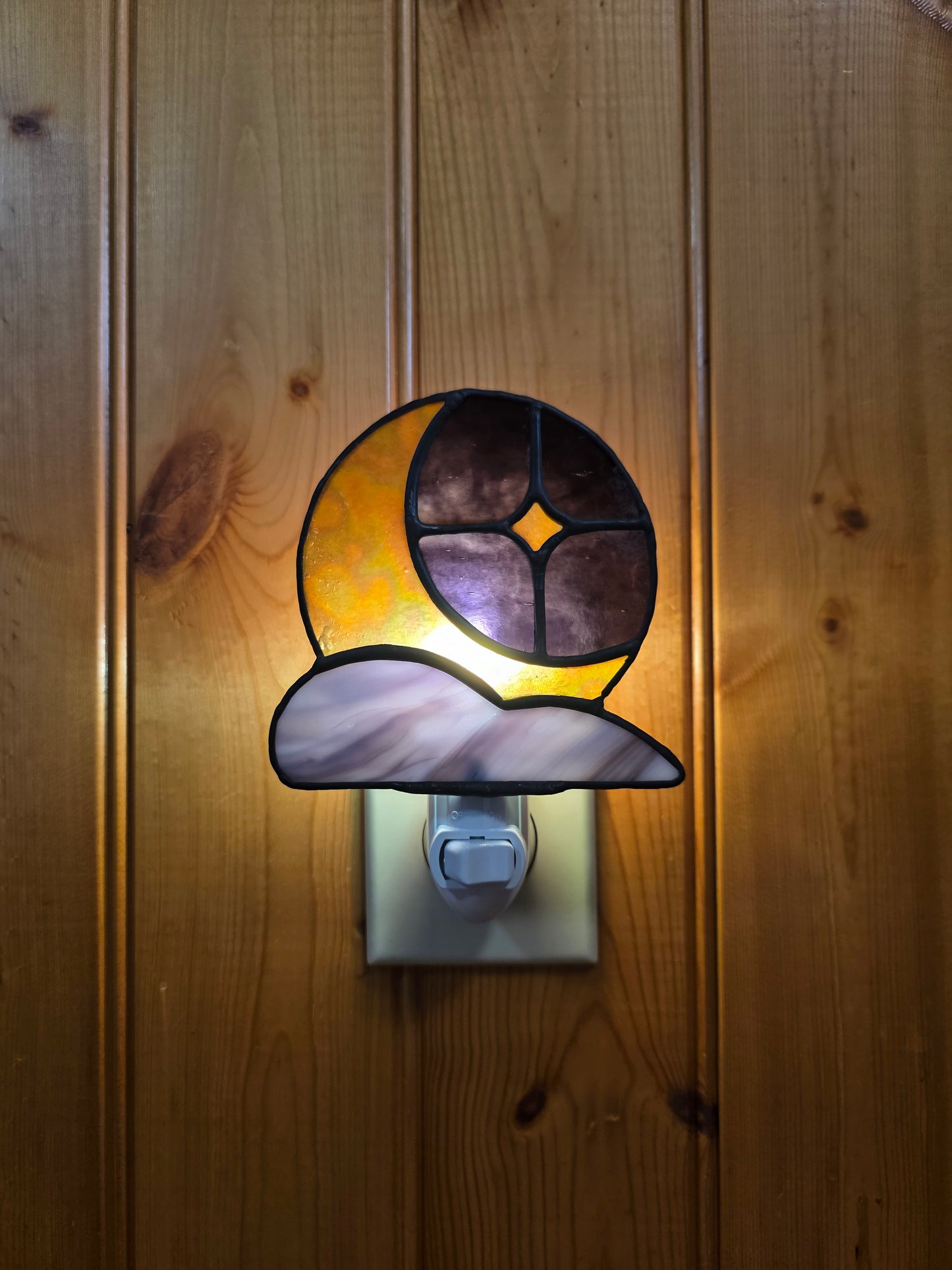 Dark Purple Cloudveil Moon Night Light | Handmade Stained Glass Decor
