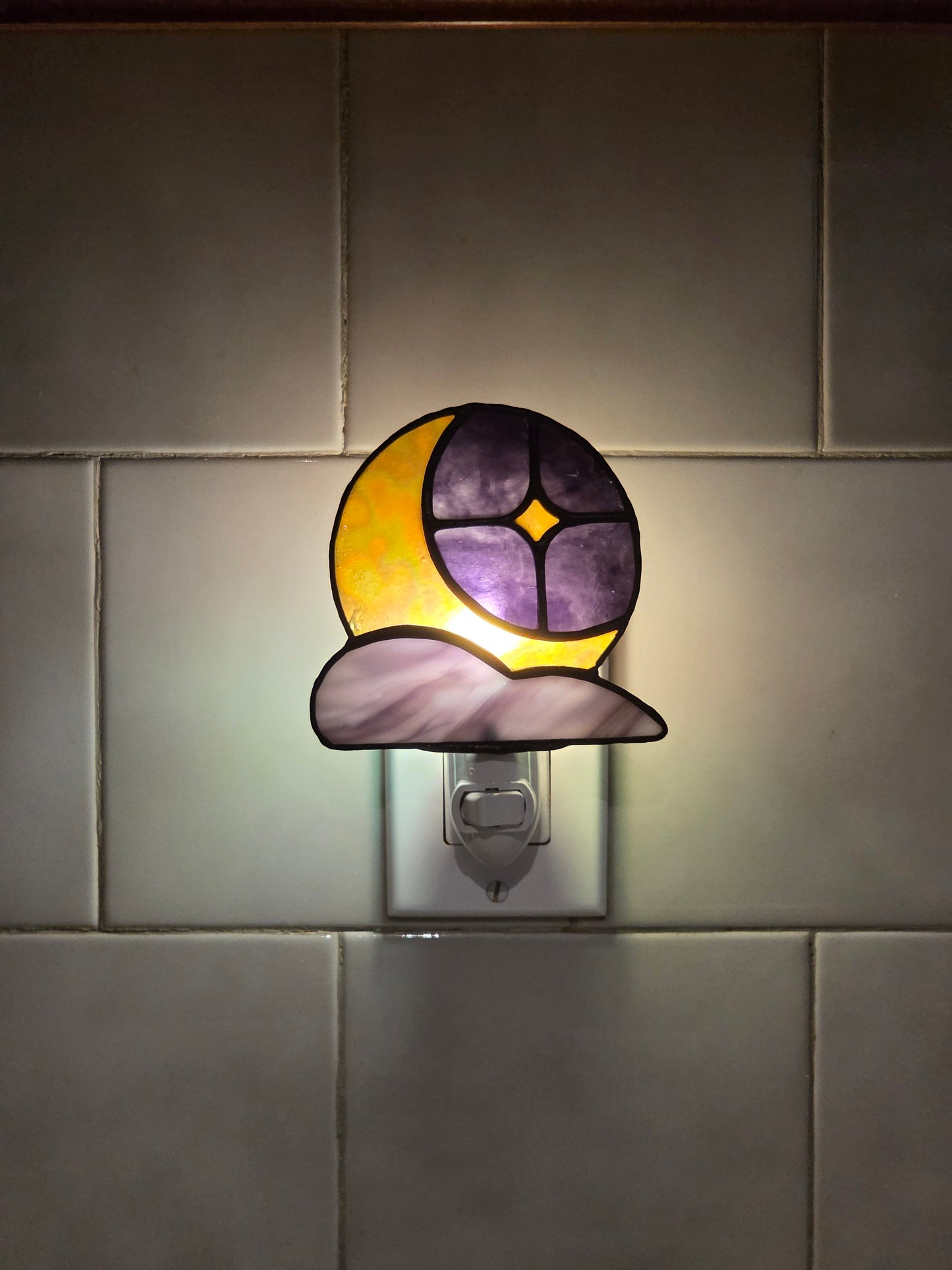 Dark Purple Cloudveil Moon Night Light | Handmade Stained Glass Decor