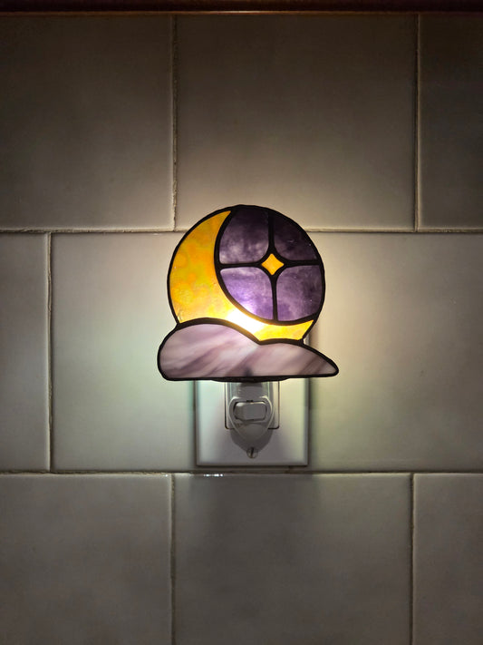 Dark Purple Cloudveil Moon Night Light | Handmade Stained Glass Decor