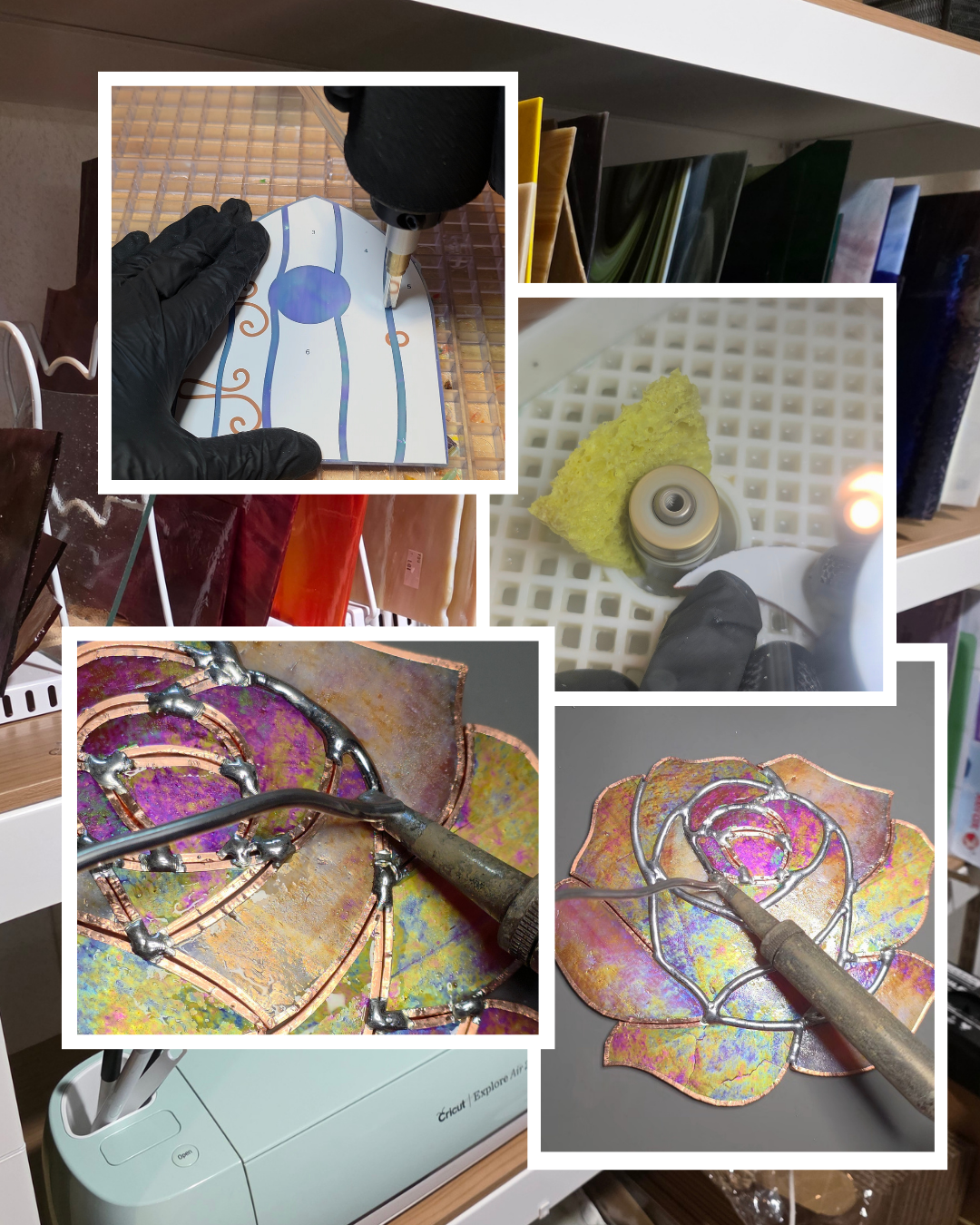 Collage showing the stained glass making process at Moonlit Moss Studio, including glass cutting, grinding, and soldering iridescent floral stained glass pieces surrounded by colorful glass sheets.